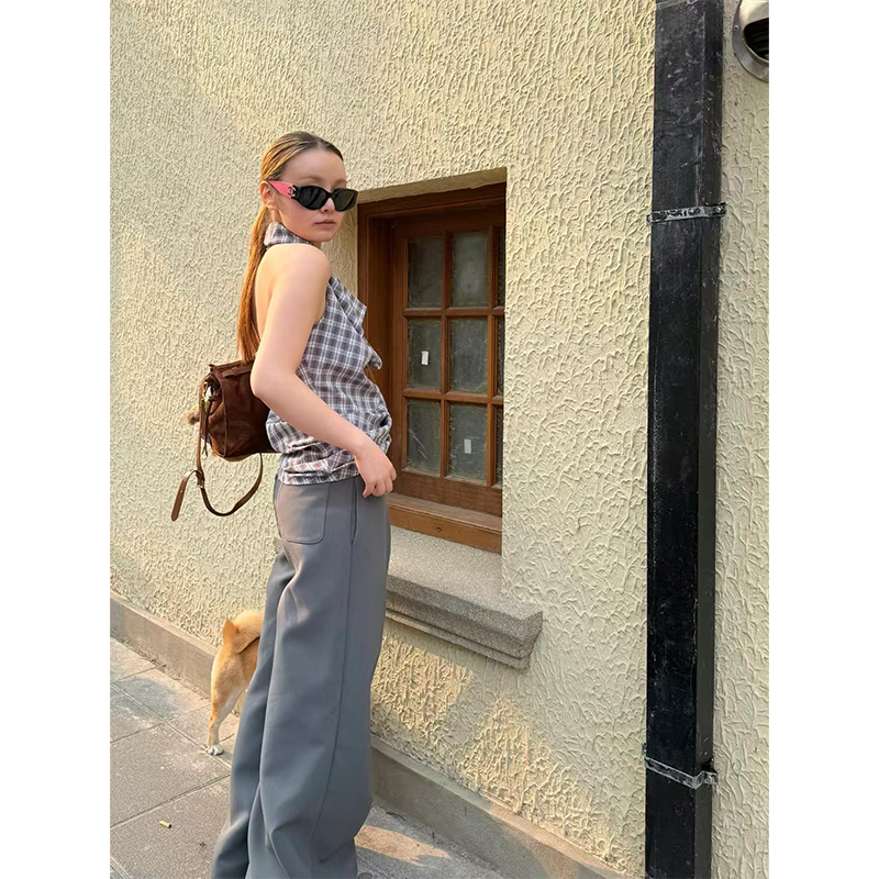 Retro Plaid Backless Halter Top with Swing Collar - Women's Summer Fashion, 3D Design, Trendy 90s Style