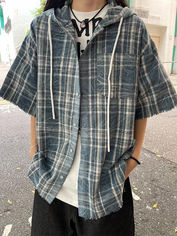 Retro Plaid Hooded Shirt - Eccentric American High Street Loose Casual Frayed Short Sleeve Top for Y2K Fashion