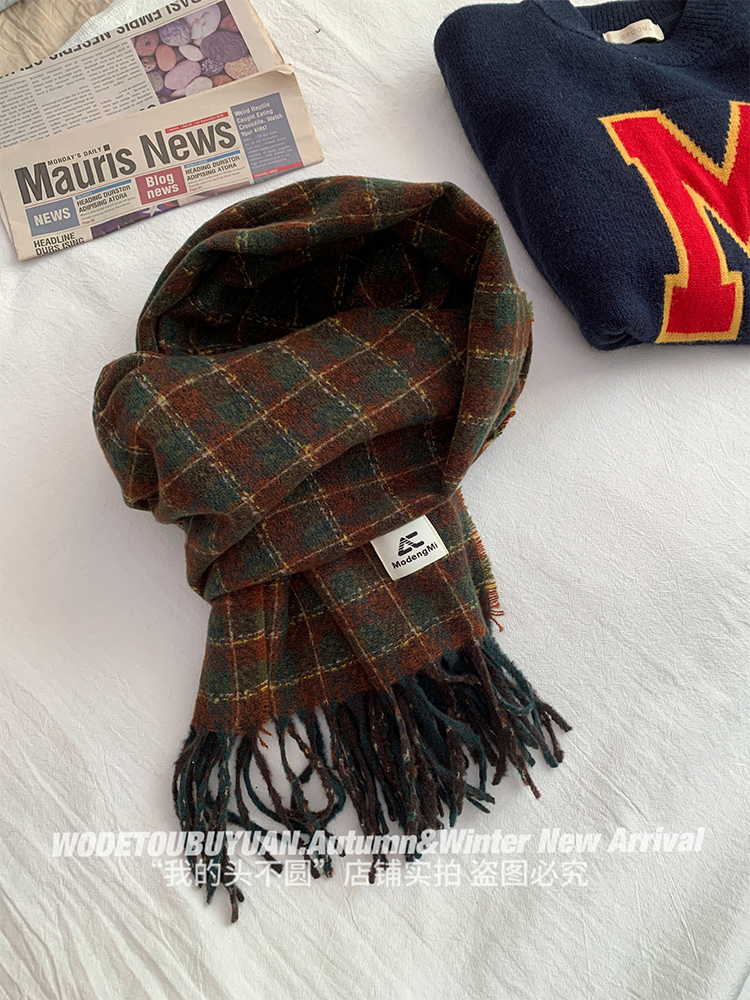Retro Plaid Tassel Scarf for Women - Warm High-End Korean Style Winter 2025 Accessory