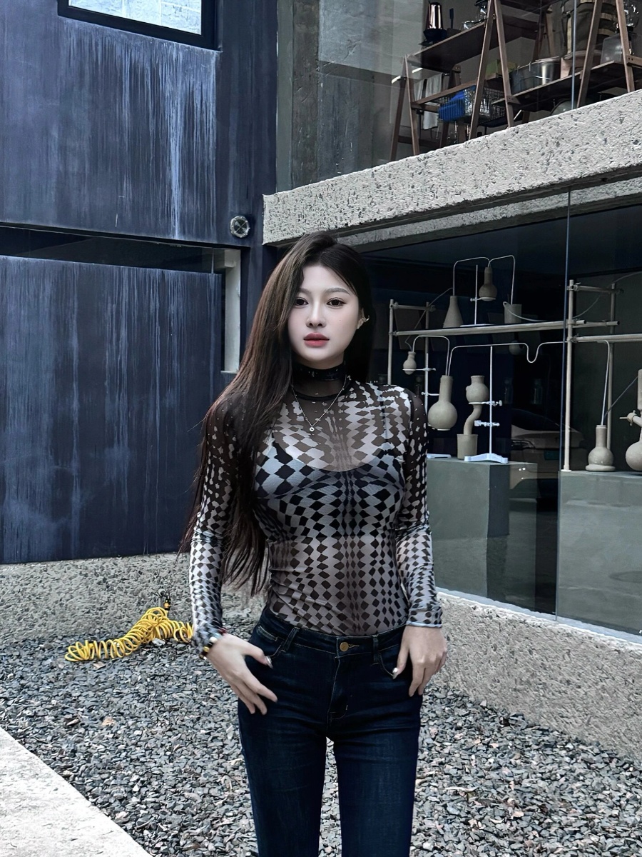 Retro Polka Dot Mesh Long Sleeve T-Shirt - Slim Fit Versatile Base Layer Top for a Chic 90s Inspired Look Retro Polka Dot Mesh Long Sleeve T-Shirt - Slim Fit Versatile Base Layer Top for a Chic 90s Inspired Look