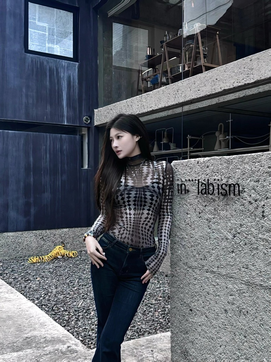 Retro Polka Dot Mesh Long Sleeve T-Shirt - Slim Fit Versatile Base Layer Top for a Chic 90s Inspired Look Retro Polka Dot Mesh Long Sleeve T-Shirt - Slim Fit Versatile Base Layer Top for a Chic 90s Inspired Look