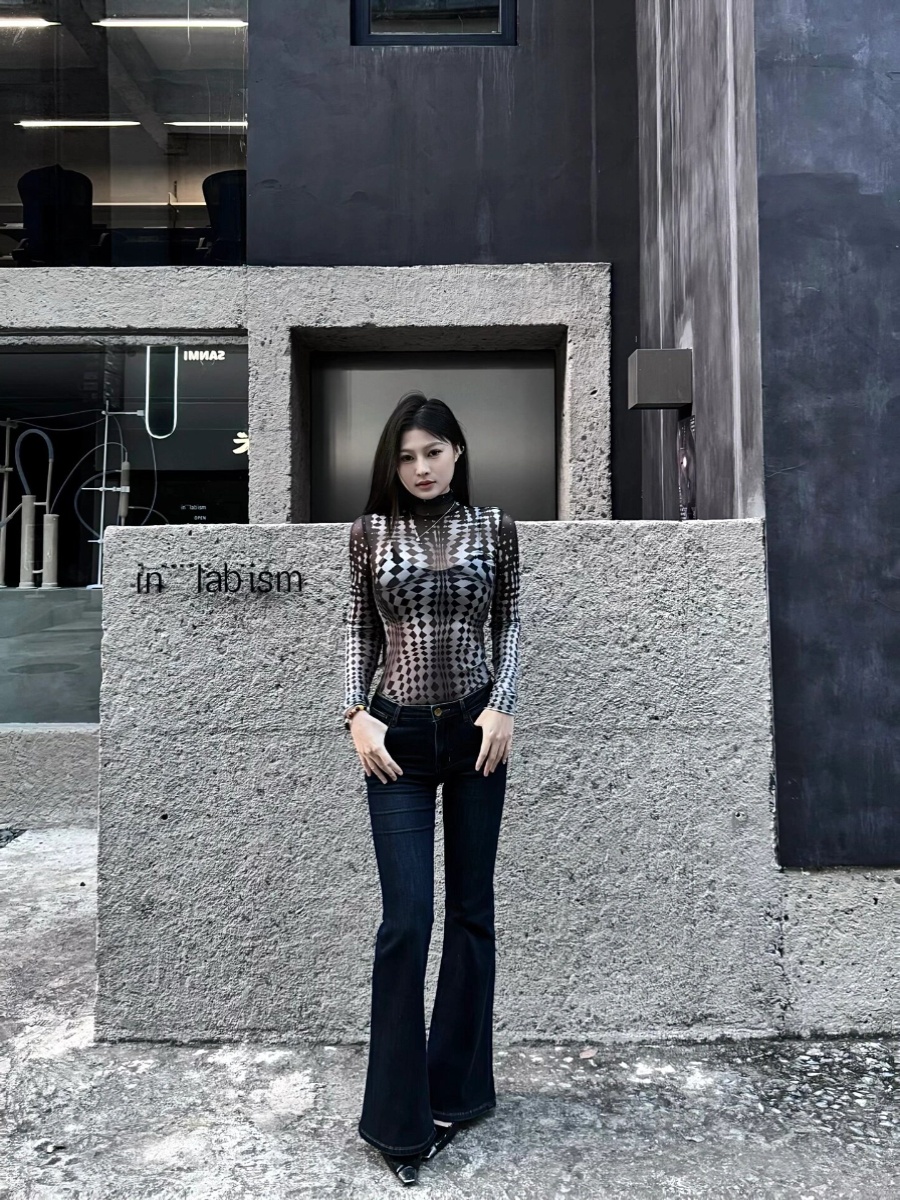 Retro Polka Dot Mesh Long Sleeve T-Shirt - Slim Fit Versatile Base Layer Top for a Chic 90s Inspired Look Retro Polka Dot Mesh Long Sleeve T-Shirt - Slim Fit Versatile Base Layer Top for a Chic 90s Inspired Look