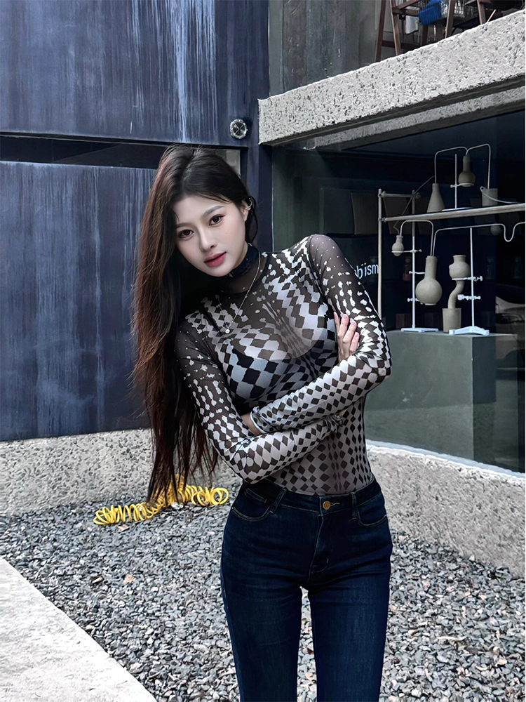 Retro Polka Dot Mesh Long Sleeve T-Shirt - Slim Fit Versatile Base Layer Top for a Chic 90s Inspired Look Retro Polka Dot Mesh Long Sleeve T-Shirt - Slim Fit Versatile Base Layer Top for a Chic 90s Inspired Look