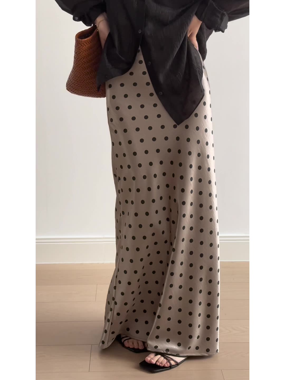 Retro Polka Dot Satin Half Skirt - High-Waisted Draped Long Mermaid Skirt for Women, 2025 Summer French Style