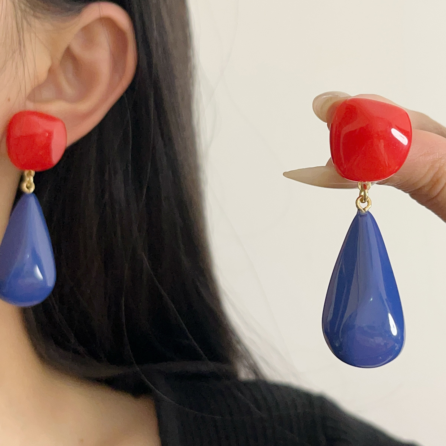 Retro Red and Blue Color-Blocking Water Drop Earrings for Women - Lightweight Resin Studs for a High-End Look and Small Face Appearance Retro Red and Blue Color-Blocking Water Drop Earrings for Women - Lightweight Resin Studs for a High-End Look and Small Face Appearance