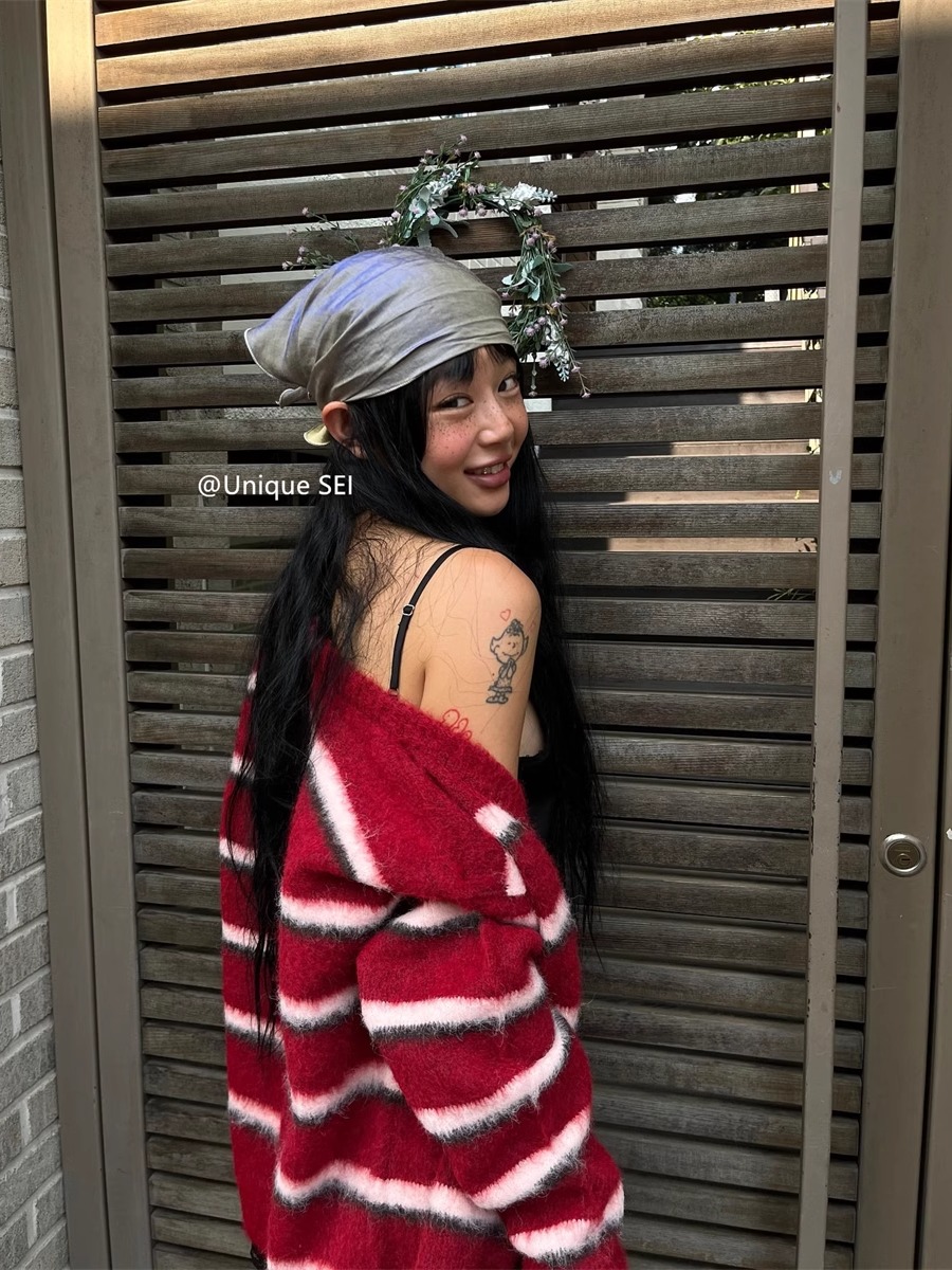 Retro Red and White Striped Loose Casual Long Sleeve Knitted Cardigan - Unique Street Style Fashion Retro Red and White Striped Loose Casual Long Sleeve Knitted Cardigan - Unique Street Style Fashion