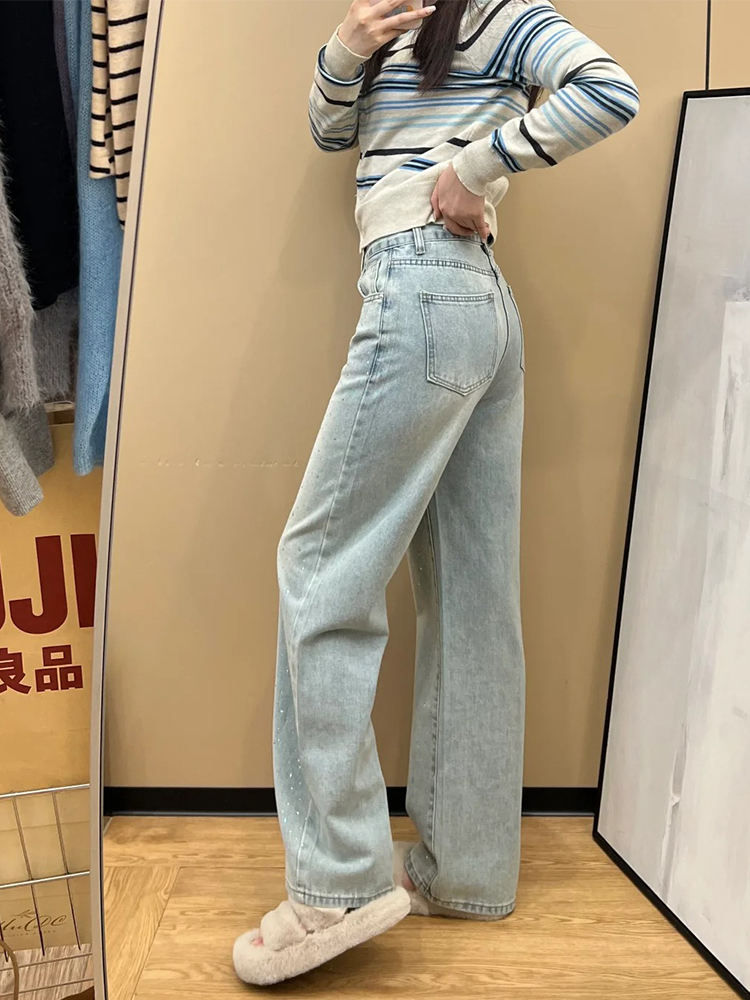 Retro Rhinestone Wide-Leg Jeans for Women - High-Waisted, Loose-Fit, Slim Straight-Leg Spring 2025 Fashion Retro Rhinestone Wide-Leg Jeans for Women - High-Waisted, Loose-Fit, Slim Straight-Leg Spring 2025 Fashion