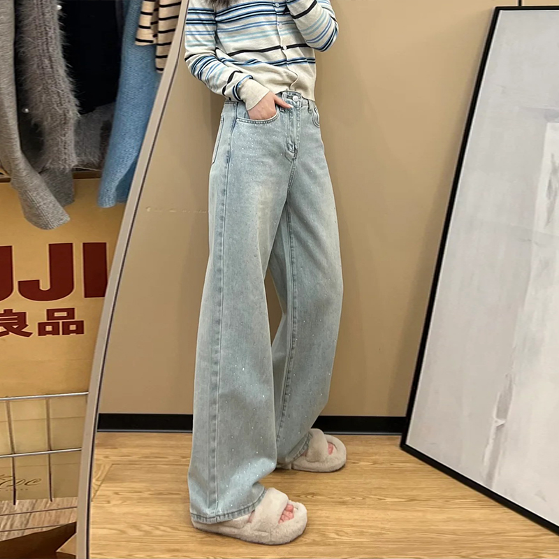 Retro Rhinestone Wide-Leg Jeans for Women - High-Waisted, Loose-Fit, Slim Straight-Leg Spring 2025 Fashion Retro Rhinestone Wide-Leg Jeans for Women - High-Waisted, Loose-Fit, Slim Straight-Leg Spring 2025 Fashion