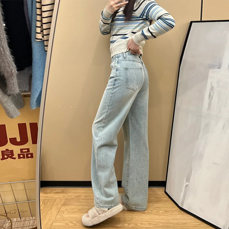 Retro Rhinestone Wide-Leg Jeans for Women - High-Waisted, Loose-Fit, Slim Straight-Leg Spring 2025 Fashion Retro Rhinestone Wide-Leg Jeans for Women - High-Waisted, Loose-Fit, Slim Straight-Leg Spring 2025 Fashion