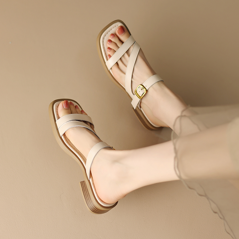 Retro Roman Style Women's Sandals - Summer Square Toe Open Toe Low Heel Genuine Leather Slides, Sizes 41-43 Retro Roman Style Women's Sandals - Summer Square Toe Open Toe Low Heel Genuine Leather Slides, Sizes 41-43