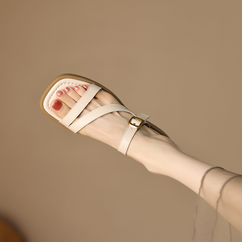 Retro Roman Style Women's Sandals - Summer Square Toe Open Toe Low Heel Genuine Leather Slides, Sizes 41-43 Retro Roman Style Women's Sandals - Summer Square Toe Open Toe Low Heel Genuine Leather Slides, Sizes 41-43