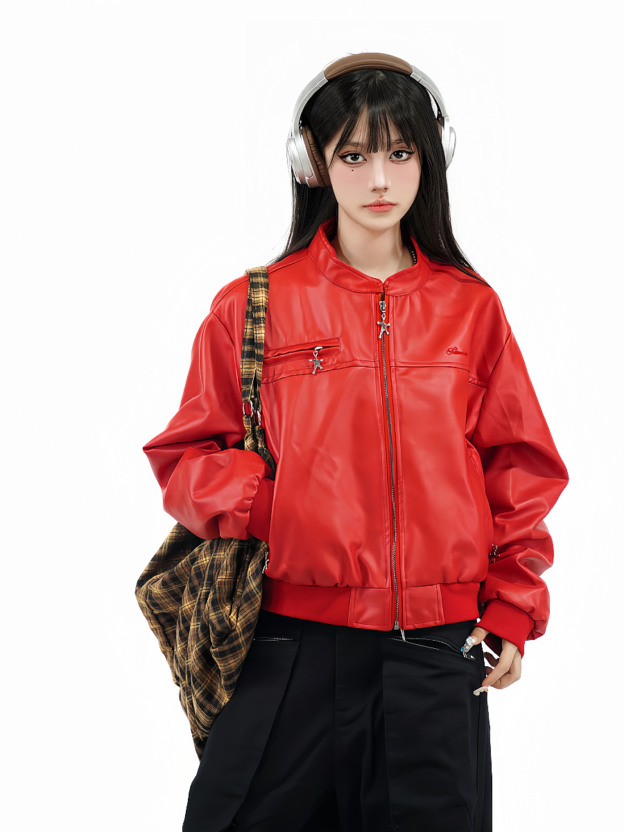 Retro Spicy Girl PU Leather Motorcycle Jacket for Women, Loose Fit Slimming Short Jacket, Versatile Y2K Style Outerwear Retro Spicy Girl PU Leather Motorcycle Jacket for Women, Loose Fit Slimming Short Jacket, Versatile Y2K Style Outerwear