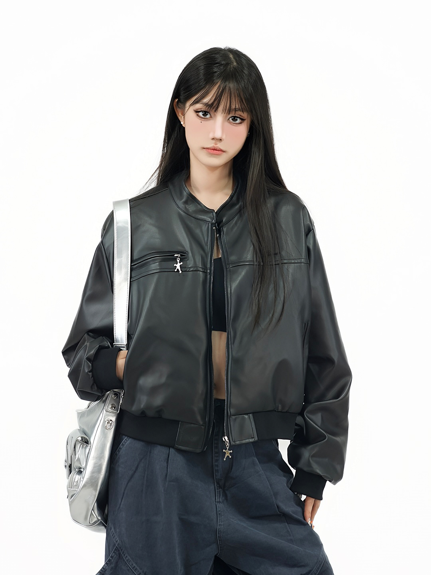 Retro Spicy Girl PU Leather Motorcycle Jacket for Women, Loose Fit Slimming Short Jacket, Versatile Y2K Style Outerwear Retro Spicy Girl PU Leather Motorcycle Jacket for Women, Loose Fit Slimming Short Jacket, Versatile Y2K Style Outerwear