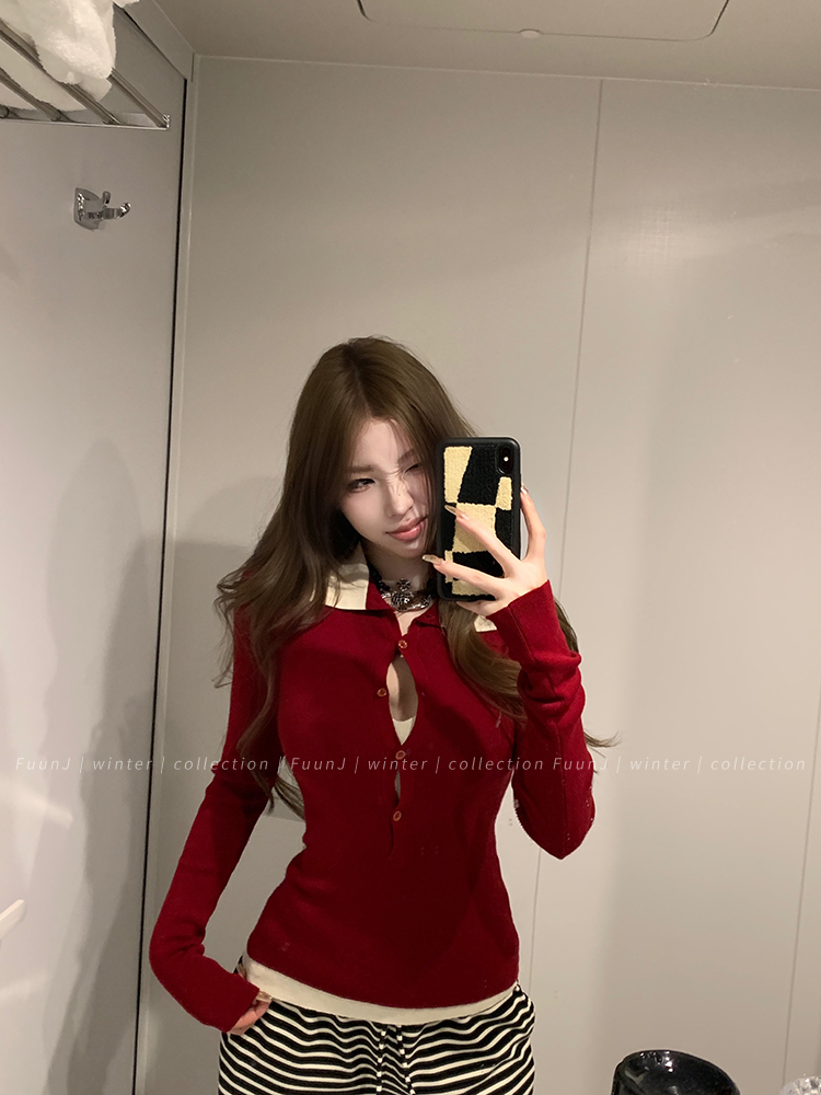 Retro Spliced Fake Two-Piece Slim Knit Top for Women - High Intelligence Spicy Sister Design, Y2K Inspired Fashion Retro Spliced Fake Two-Piece Slim Knit Top for Women - High Intelligence Spicy Sister Design, Y2K Inspired Fashion