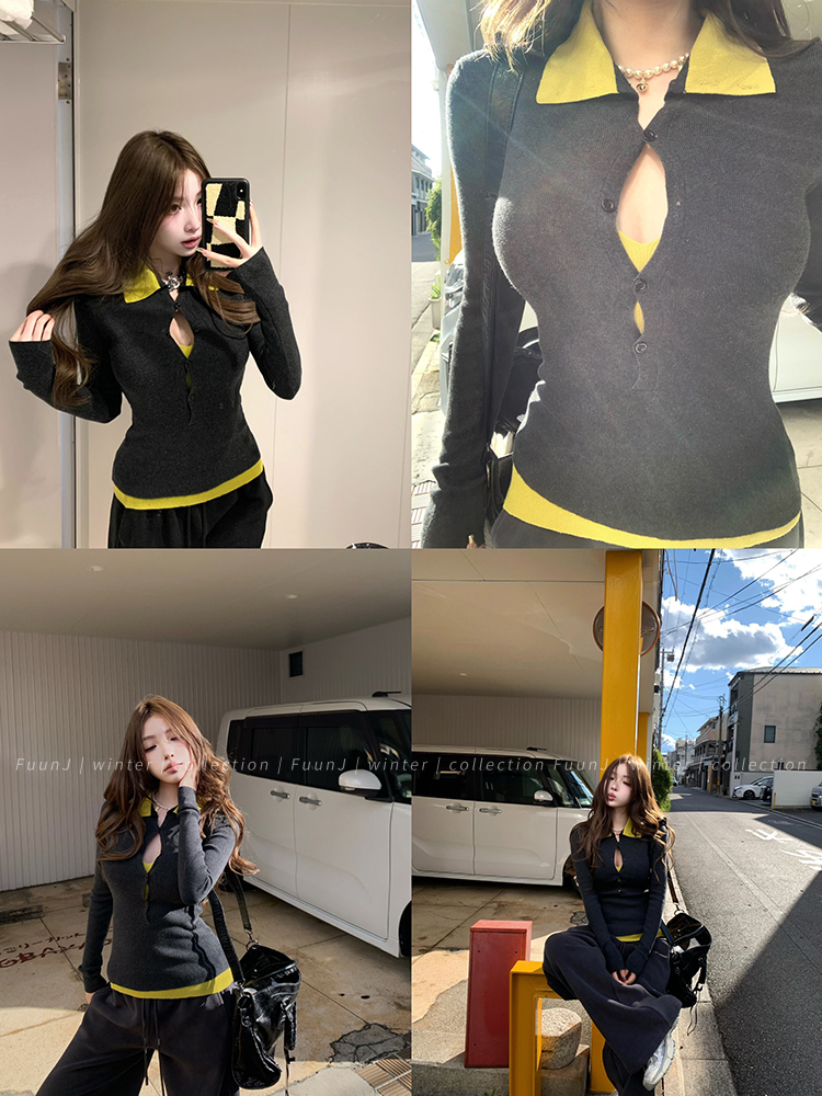 Retro Spliced Fake Two-Piece Slim Knit Top for Women - High Intelligence Spicy Sister Design, Y2K Inspired Fashion Retro Spliced Fake Two-Piece Slim Knit Top for Women - High Intelligence Spicy Sister Design, Y2K Inspired Fashion