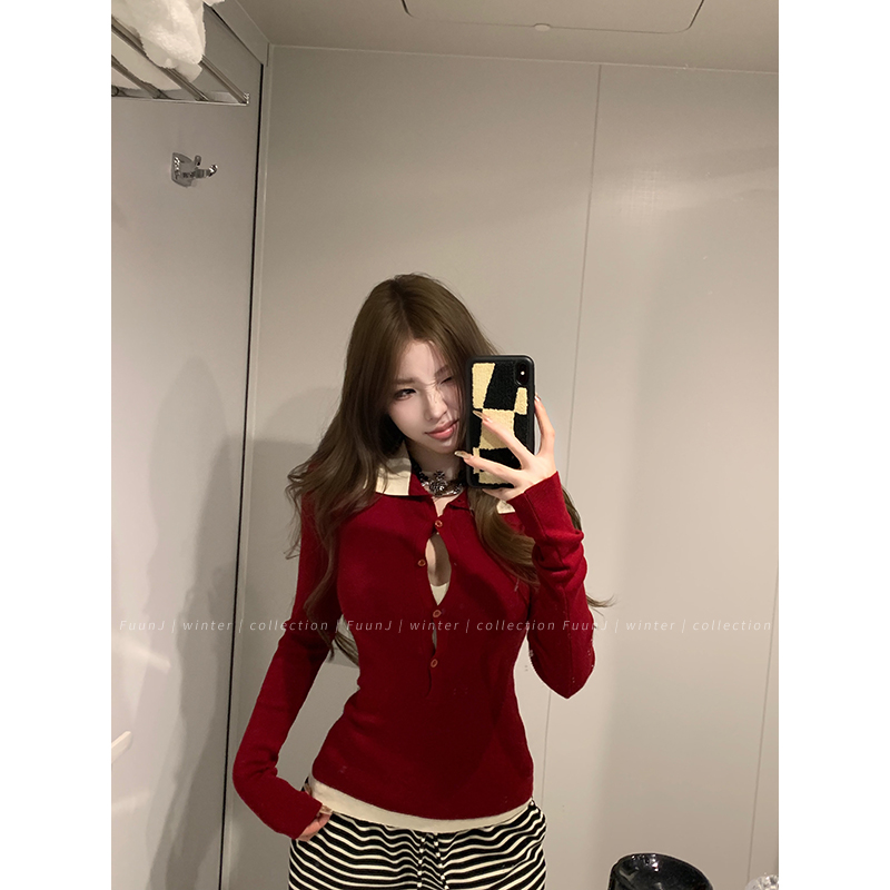 Retro Spliced Fake Two-Piece Slim Knit Top for Women - High Intelligence Spicy Sister Design, Y2K Inspired Fashion Retro Spliced Fake Two-Piece Slim Knit Top for Women - High Intelligence Spicy Sister Design, Y2K Inspired Fashion