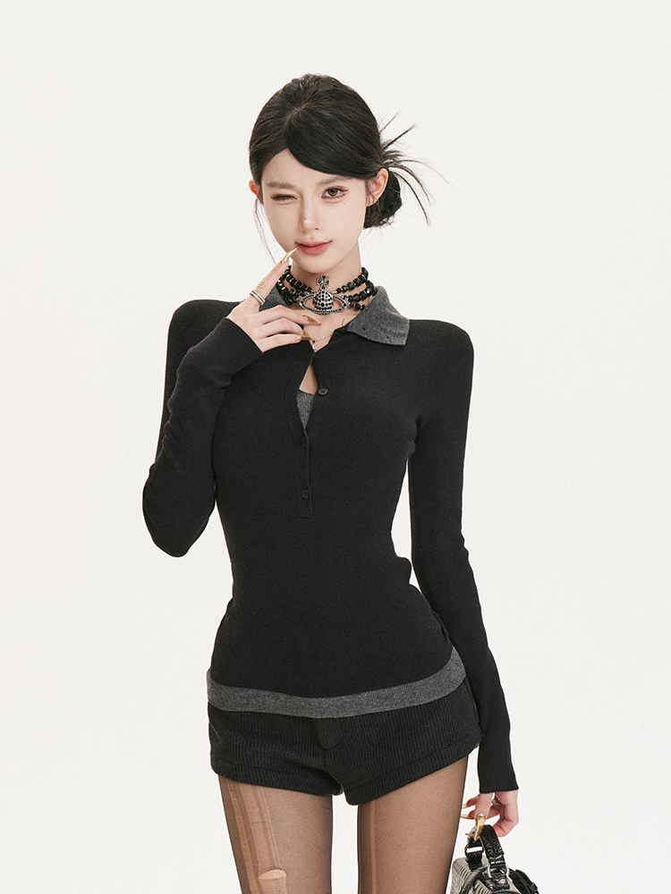 Retro Spliced Two-Piece Slim Fit Knitted Top - High Intelligence Spicy Sister Design, Trendy Korean Style Inner Shirt Retro Spliced Two-Piece Slim Fit Knitted Top - High Intelligence Spicy Sister Design, Trendy Korean Style Inner Shirt