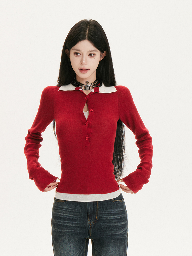 Retro Spliced Two-Piece Slim Fit Knitted Top - High Intelligence Spicy Sister Design, Trendy Korean Style Inner Shirt Retro Spliced Two-Piece Slim Fit Knitted Top - High Intelligence Spicy Sister Design, Trendy Korean Style Inner Shirt