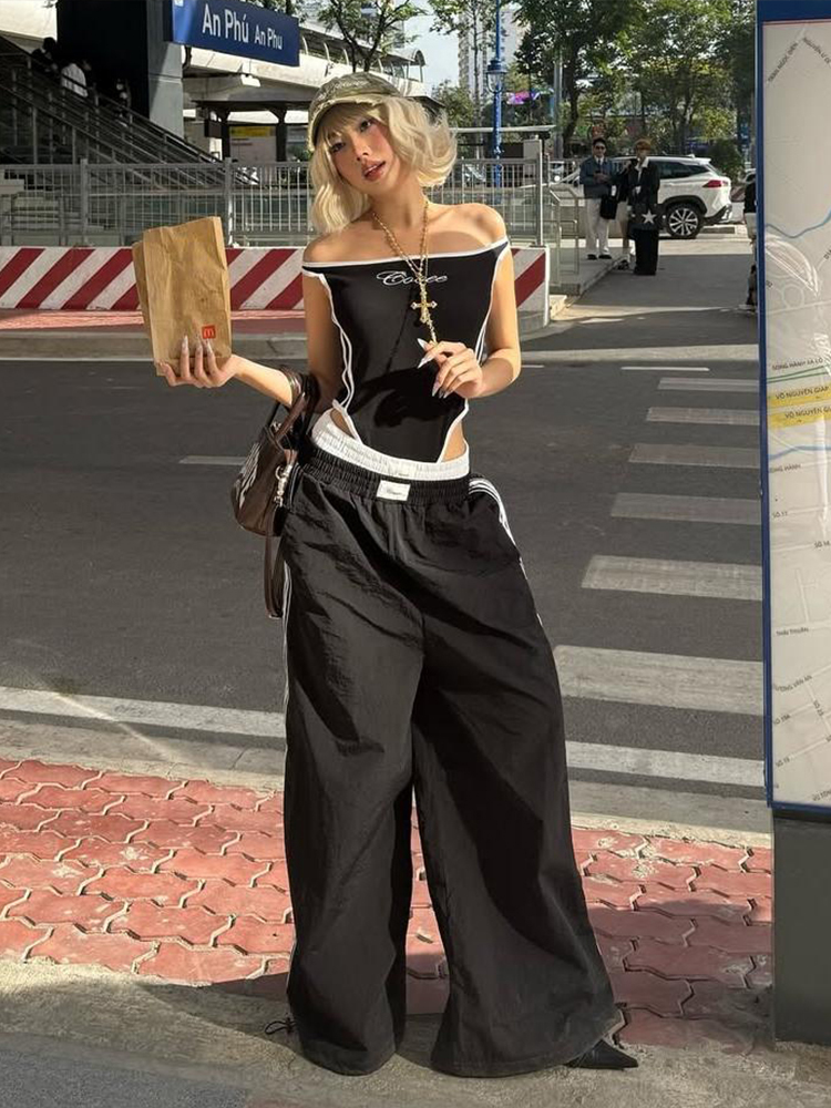 Retro Striped Embroidered Cami Jumpsuit Two-Piece Set for Women - Loose Wide-Leg Pants, Y2K Street Style Retro Striped Embroidered Cami Jumpsuit Two-Piece Set for Women - Loose Wide-Leg Pants, Y2K Street Style