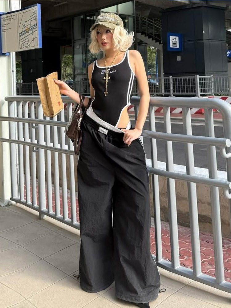 Retro Striped Embroidered Cami Jumpsuit Two-Piece Set for Women - Loose Wide-Leg Pants, Y2K Street Style