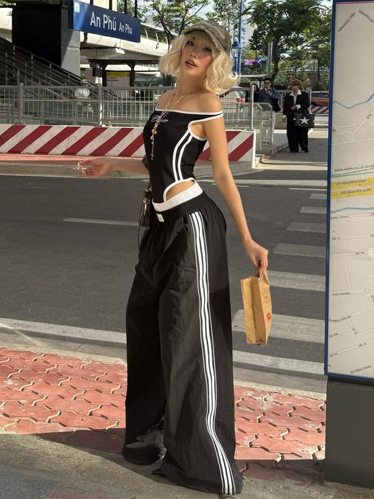 Retro Striped Embroidered Cami Jumpsuit Two-Piece Set for Women - Loose Wide-Leg Pants, Y2K Street Style Retro Striped Embroidered Cami Jumpsuit Two-Piece Set for Women - Loose Wide-Leg Pants, Y2K Street Style