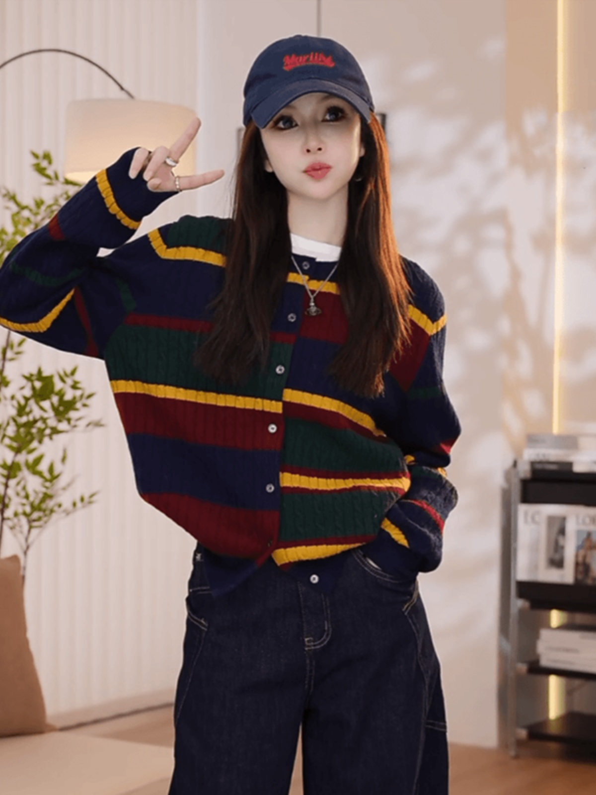 Retro Striped Long Sleeve Knitted Cardigan for Women - Stylish Loose Short Sweater for Fall, Y2K Inspired Fashion Retro Striped Long Sleeve Knitted Cardigan for Women - Stylish Loose Short Sweater for Fall, Y2K Inspired Fashion