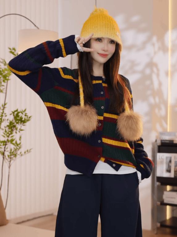 Retro Striped Long Sleeve Knitted Cardigan for Women - Stylish Loose Short Sweater for Fall, Y2K Inspired Fashion Retro Striped Long Sleeve Knitted Cardigan for Women - Stylish Loose Short Sweater for Fall, Y2K Inspired Fashion