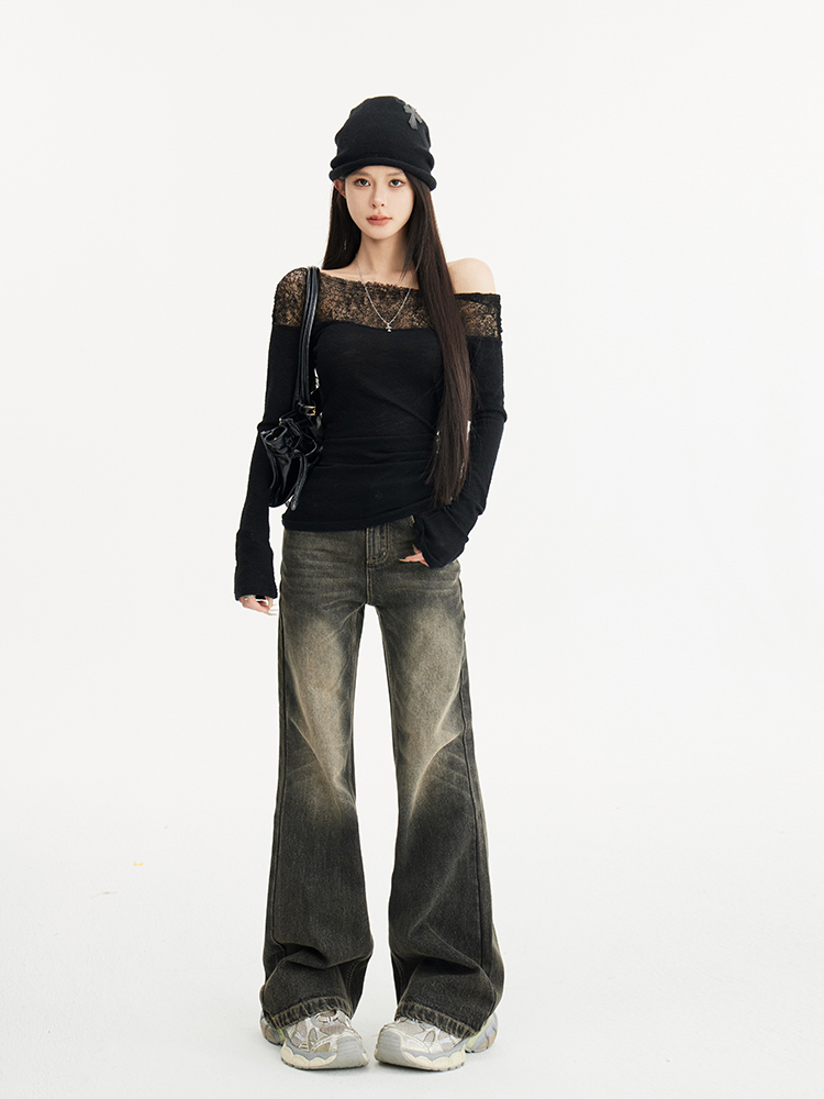 Retro Vintage Distressed Low-Waist Wide-Leg Denim Pants - Casual Flared Trousers for Y2K and 90s Style