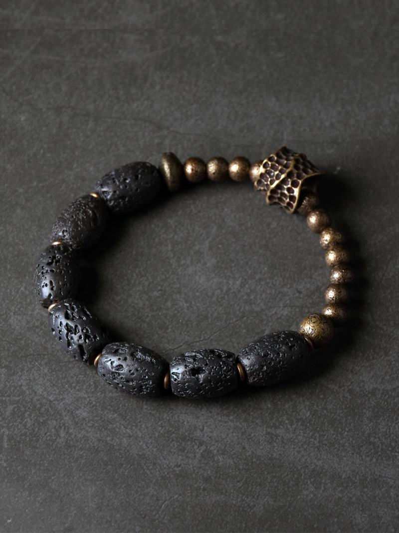 Retro Volcanic Stone & Brass Bead Bracelet for Couples - Casual Black Accessories for Men & Women, Trendy Home Personality Retro Volcanic Stone & Brass Bead Bracelet for Couples - Casual Black Accessories for Men & Women, Trendy Home Personality