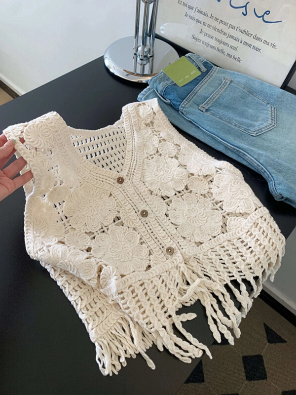 Retro Woven Tassel Hollow Knit Vest for Women - Unique Sleeveless Top for Spring and Summer, Boho Chic Style