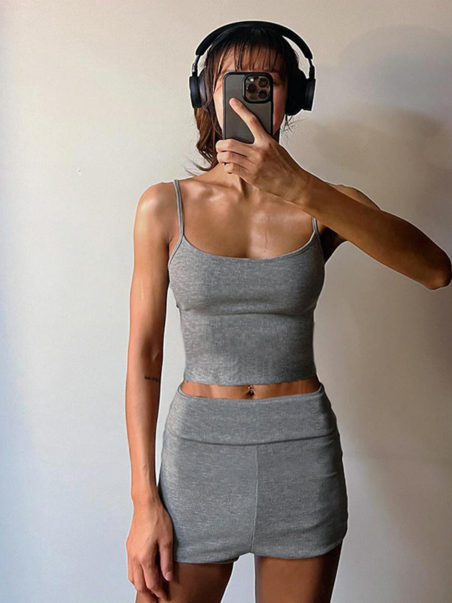 Ribbed Knit Casual Loungewear Set - Solid Color Camisole & Shorts - Comfortable Two-Piece Outfit for Relaxation and Leisure