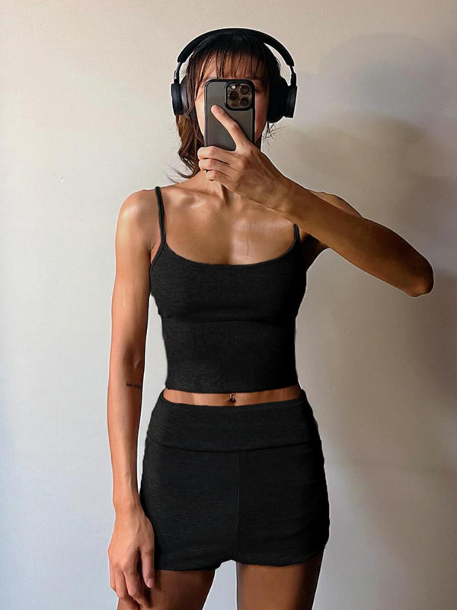 Ribbed Knit Casual Loungewear Set - Solid Color Camisole & Shorts - Comfortable Two-Piece Outfit for Relaxation and Leisure Ribbed Knit Casual Loungewear Set - Solid Color Camisole & Shorts - Comfortable Two-Piece Outfit for Relaxation and Leisure