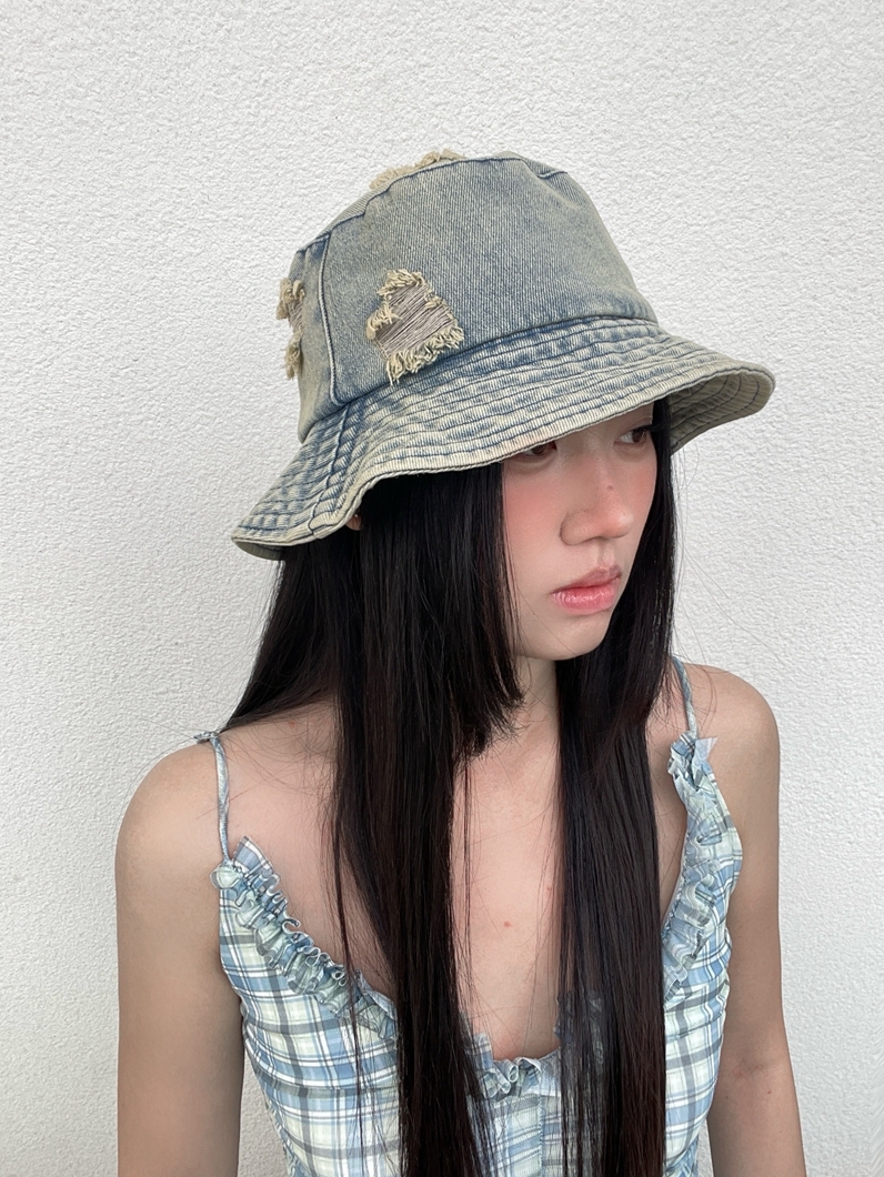 Ripped Denim Bucket Hat for Women - Casual Sunshade Fisherman's Hat, Large Head Circumference, Flattering Fit, Solid Color
