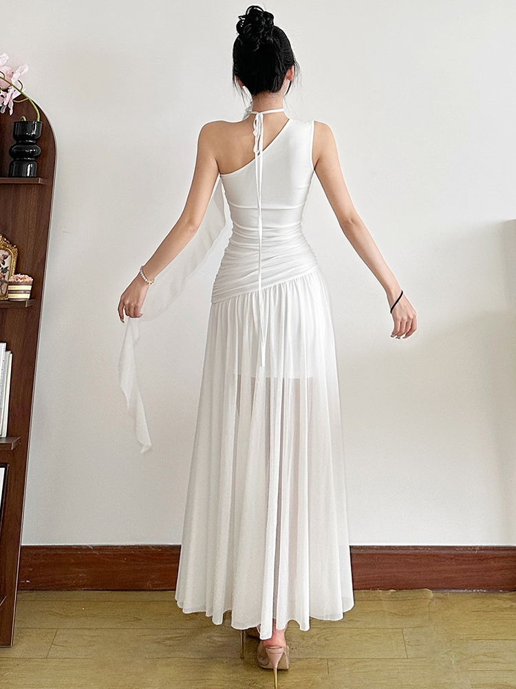 Romantic Pure White Mesh Asymmetrical Shoulder Dress with Big Skirt - Women's French Style Waist-Defining Long Dress Romantic Pure White Mesh Asymmetrical Shoulder Dress with Big Skirt - Women's French Style Waist-Defining Long Dress