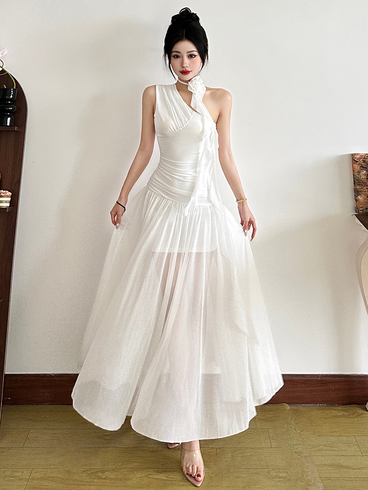 Romantic Pure White Mesh Asymmetrical Shoulder Dress with Big Skirt - Women's French Style Waist-Defining Long Dress Romantic Pure White Mesh Asymmetrical Shoulder Dress with Big Skirt - Women's French Style Waist-Defining Long Dress