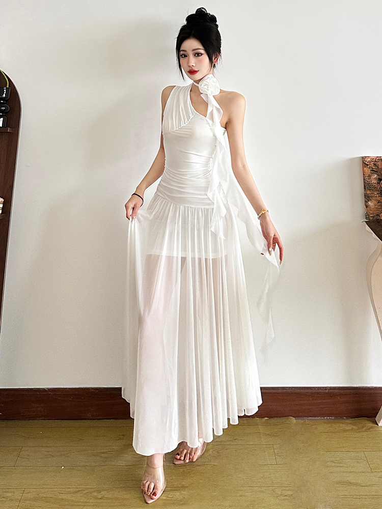 Romantic Pure White Mesh Asymmetrical Shoulder Dress with Big Skirt - Women's French Style Waist-Defining Long Dress Romantic Pure White Mesh Asymmetrical Shoulder Dress with Big Skirt - Women's French Style Waist-Defining Long Dress