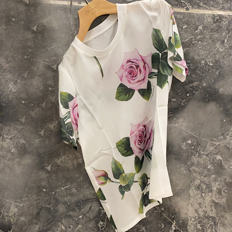 Romantic Rose Color Mulberry Silk T-Shirt for Women - Versatile Short Sleeve Top, Summer Fashion, European Style, Elegant Casual Wear Romantic Rose Color Mulberry Silk T-Shirt for Women - Versatile Short Sleeve Top, Summer Fashion, European Style, Elegant Casual Wear