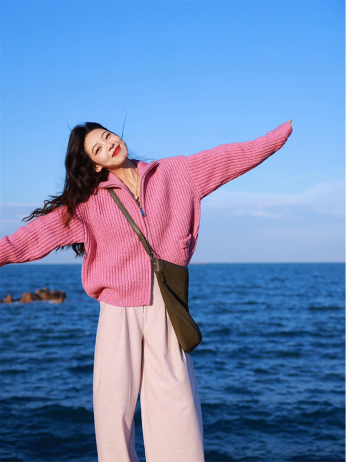 Rose Red Knitted Cardigan Sweater Coat - Autumn Winter Lazy Style Outerwear 2025, Trendy Y2K Fashion