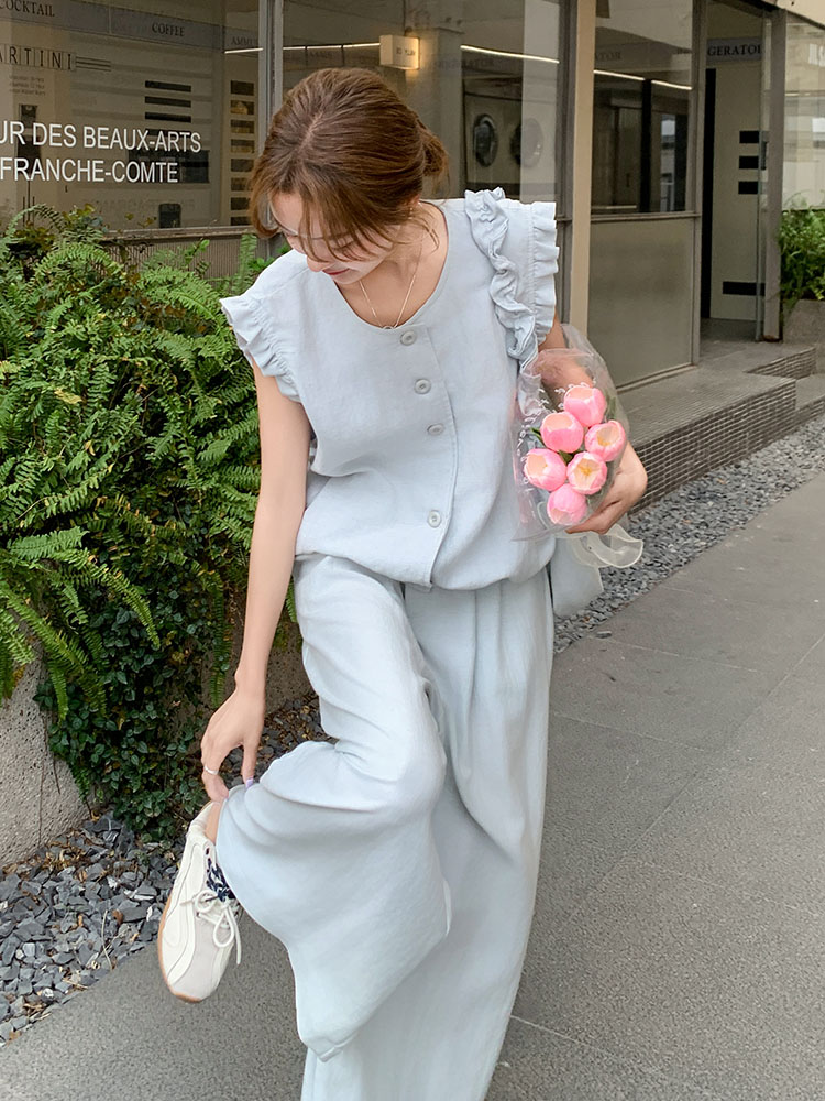 Round Neck Ruffled Edge Vest and Wide-Leg Pants Set for Women - 2025 Summer Lazy Style for Petite Figures, Two-Piece Outfit Round Neck Ruffled Edge Vest and Wide-Leg Pants Set for Women - 2025 Summer Lazy Style for Petite Figures, Two-Piece Outfit