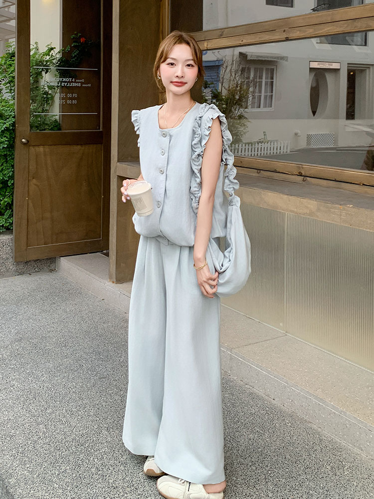 Round Neck Ruffled Edge Vest and Wide-Leg Pants Set for Women - 2025 Summer Lazy Style for Petite Figures, Two-Piece Outfit Round Neck Ruffled Edge Vest and Wide-Leg Pants Set for Women - 2025 Summer Lazy Style for Petite Figures, Two-Piece Outfit