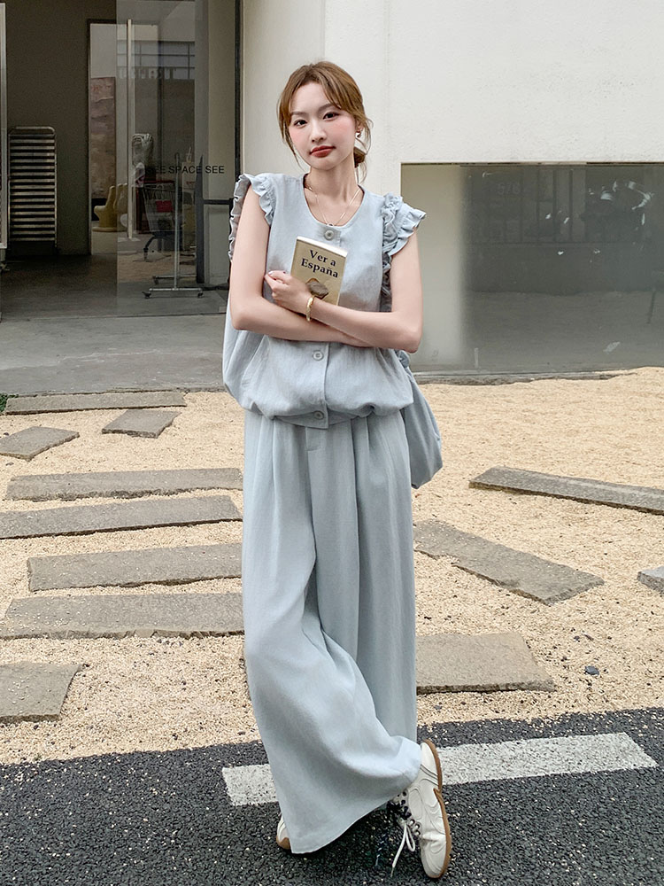 Round Neck Ruffled Edge Vest and Wide-Leg Pants Set for Women - 2025 Summer Lazy Style for Petite Figures, Two-Piece Outfit Round Neck Ruffled Edge Vest and Wide-Leg Pants Set for Women - 2025 Summer Lazy Style for Petite Figures, Two-Piece Outfit