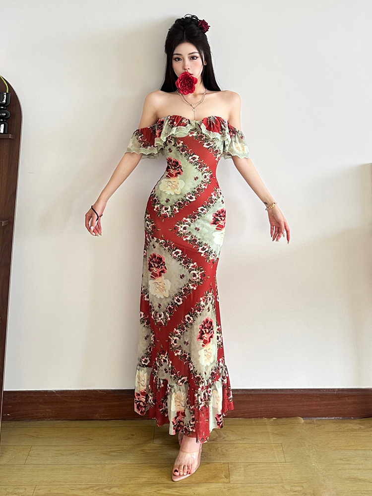 Ruffled Off-Shoulder Floral Dress for Women - Vintage Slim Fit Bodycon Style, Perfect for 90s and Y2K Inspired Fashion