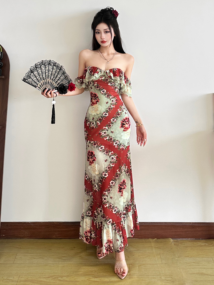 Ruffled Off-Shoulder Floral Dress for Women - Vintage Slim Fit Bodycon Style, Perfect for 90s and Y2K Inspired Fashion