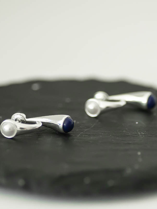 S925 Silver Freshwater Pearl Lapis Lazuli Water Drop Ear Studs - Chinese Style Light Luxury Jewelry for Young Women