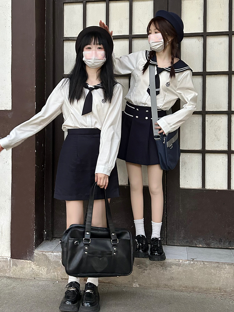 Sailor Suit JK Women's Two-Piece Set - Little Pine Pudding Bear College Style 2025 Japanese Fashion, Cute Kawaii Aesthetic Sailor Suit JK Women's Two-Piece Set - Little Pine Pudding Bear College Style 2025 Japanese Fashion, Cute Kawaii Aesthetic