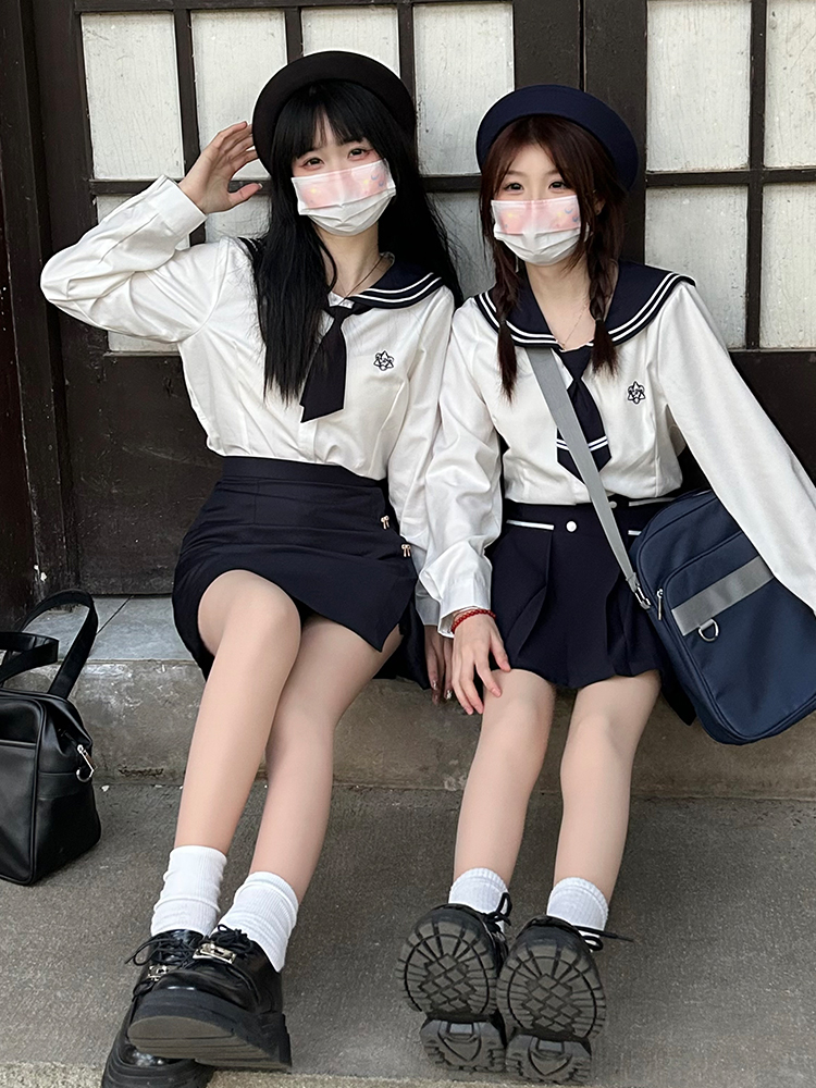 Sailor Suit JK Women's Two-Piece Set - Little Pine Pudding Bear College Style 2025 Japanese Fashion, Cute Kawaii Aesthetic