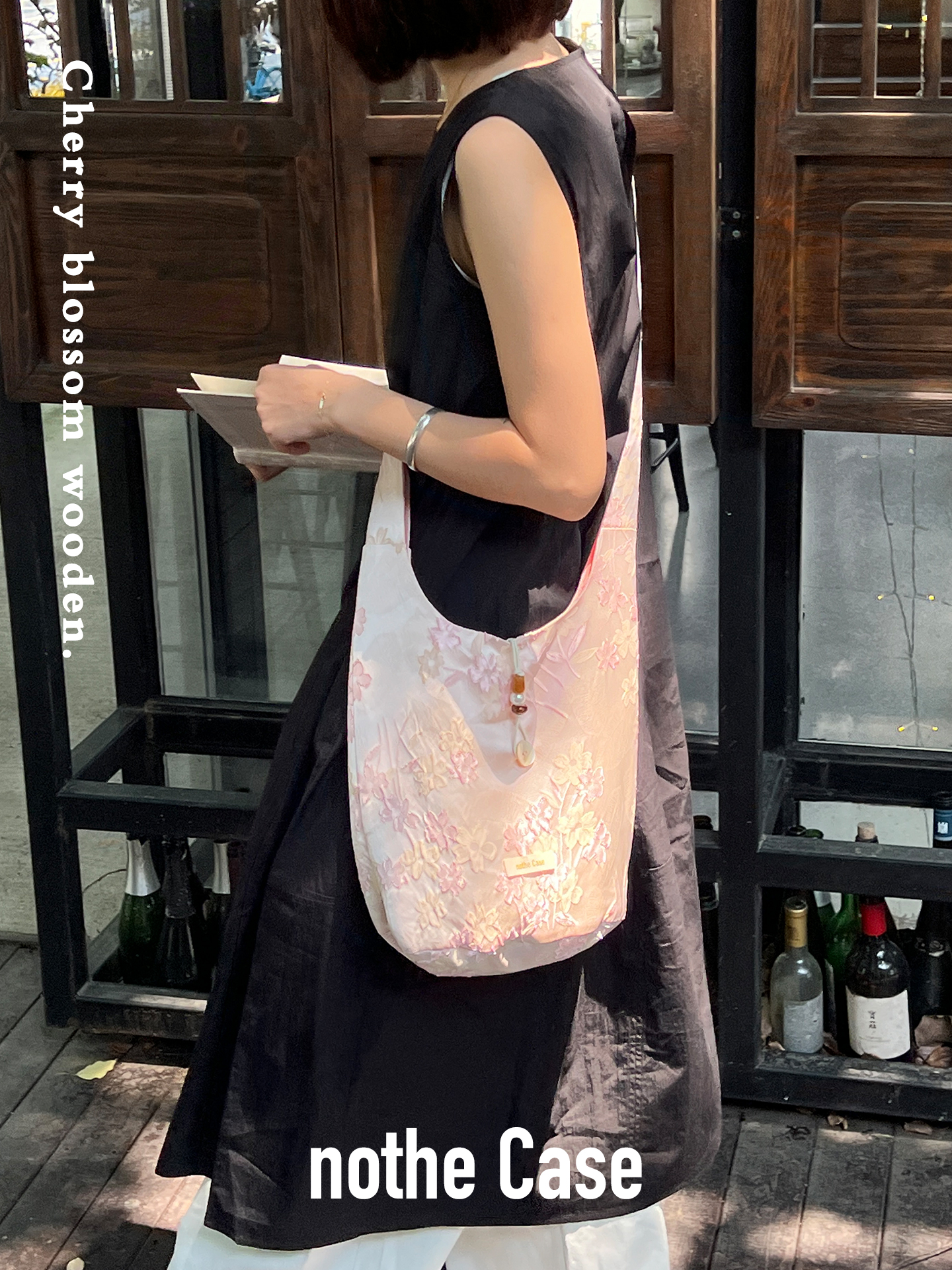 Sakura Wood Box Soft Canvas Bag - Double-Sided, Long Shoulder Strap, Chinese Style Crossbody Bag for Casual and Everyday Use