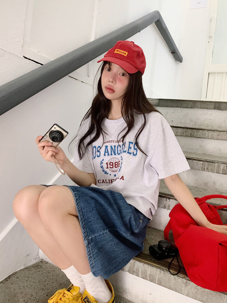 Seeubaby Handmade Korean Style Round Neck Short Sleeve T-Shirt - Age-Reducing Simple Letter Design