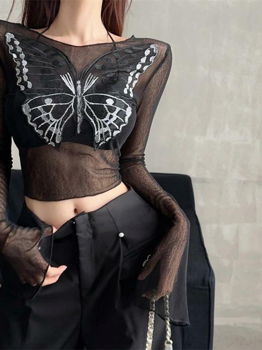 Sexy Backless Sheer Mesh Butterfly Short Top with Dual Design - Summer Thin Long Sleeve T-Shirt for Women, Y2K Style Sexy Backless Sheer Mesh Butterfly Short Top with Dual Design - Summer Thin Long Sleeve T-Shirt for Women, Y2K Style