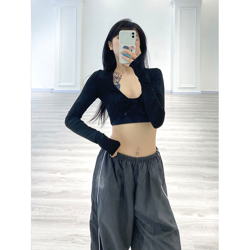 Sexy Black Short-Sleeve T-Shirt for Women with Tie Crossover - Perfect for Jazz Dancing, Y2K Style, Instagram Ready Sexy Black Short-Sleeve T-Shirt for Women with Tie Crossover - Perfect for Jazz Dancing, Y2K Style, Instagram Ready